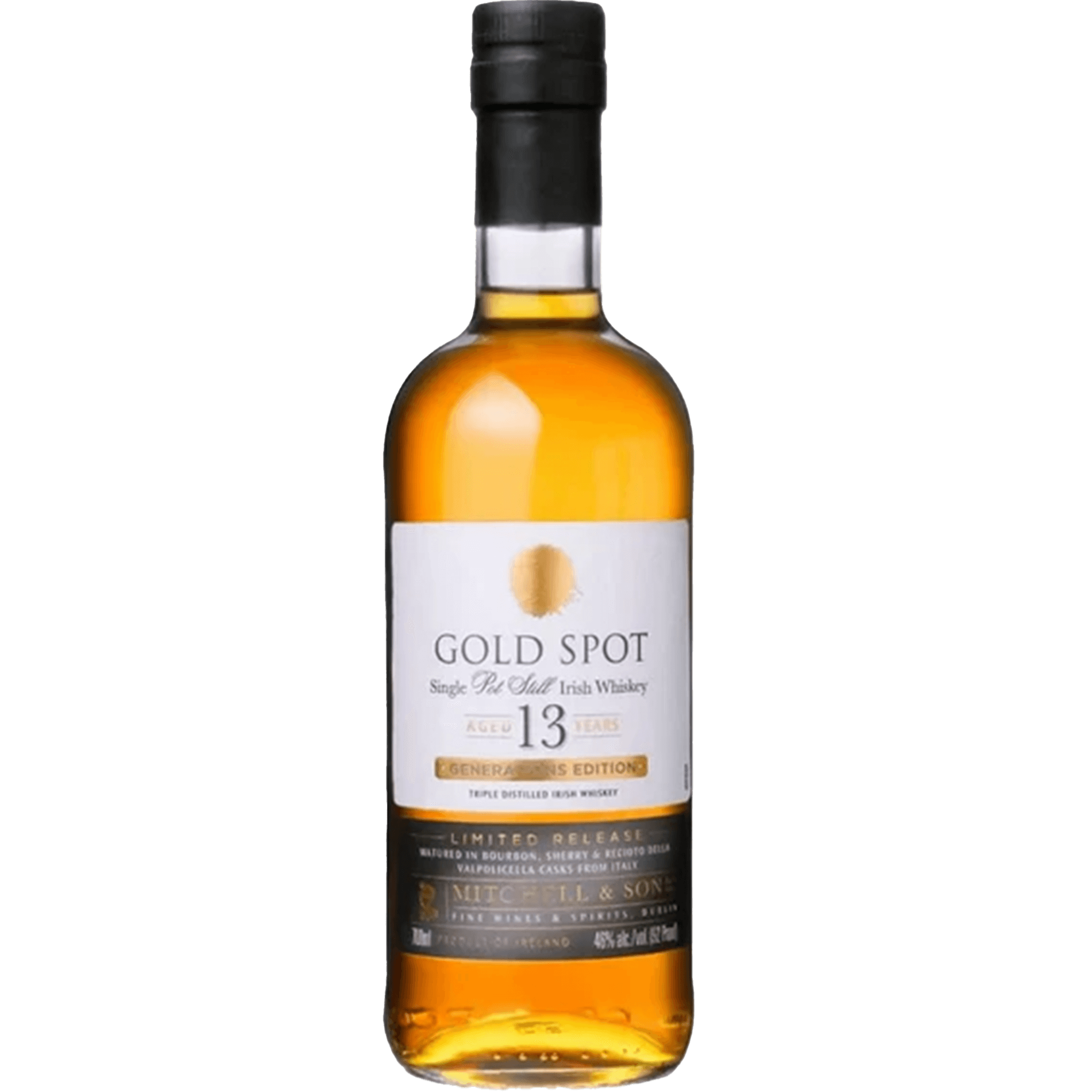 Gold Spot Limited Edition Single Pot Still Irish Whiskey, aged 13 years, showcasing its unique Valpolicella cask maturation.