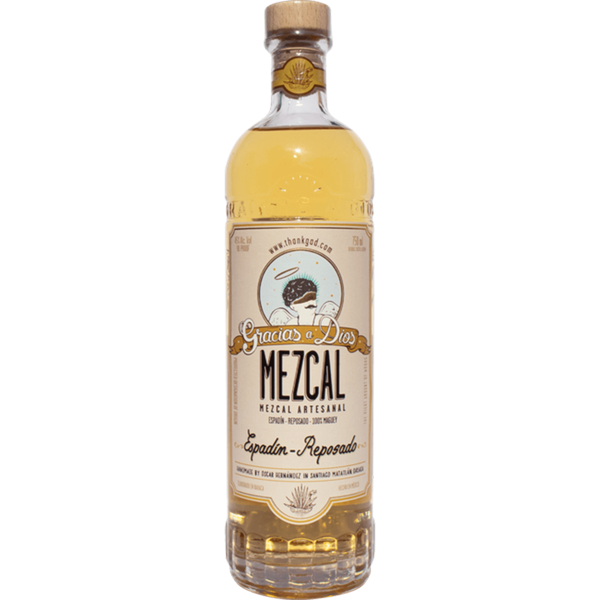 Gracias A Dios Espadin Reposado Mezcal bottle showcasing its gold color and artisanal craftsmanship.