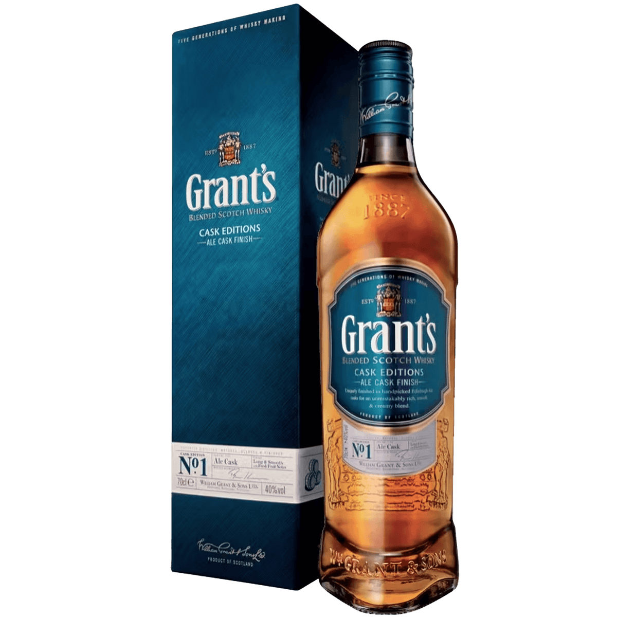 Grant's Ale Cask Finish Blended Scotch Whisky bottle and box showcasing unique packaging and elegant design.