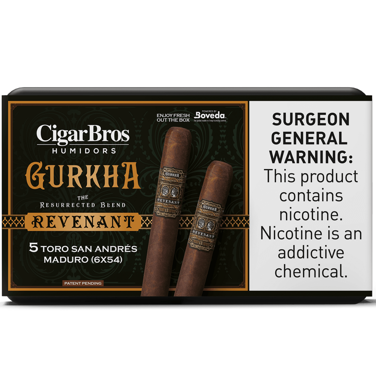 Gurkha Revenant cigars by CigarBros package showcasing rich San Andrés Maduro blend and surgeon general warning.