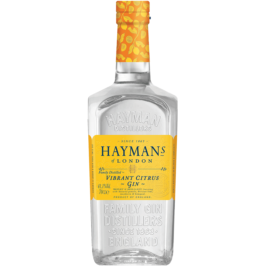 Hayman's Vibrant Citrus Gin bottle with vibrant label featuring citrus fruits on a white background.
