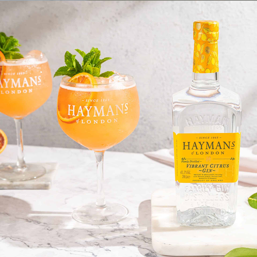 Hayman's Vibrant Citrus Gin bottle alongside citrus drinks, highlighting the refreshing Citrus Gin experience.
