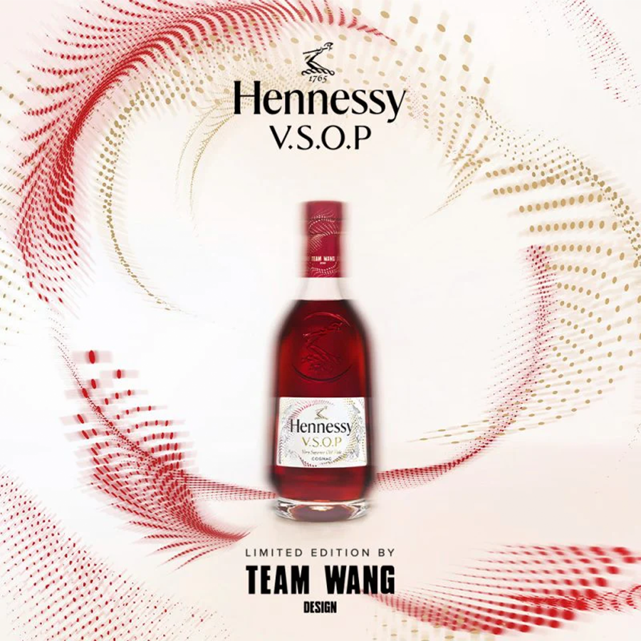 Hennessy VSOP X Team Wang limited edition Cognac bottle design with vibrant red and golden accents.