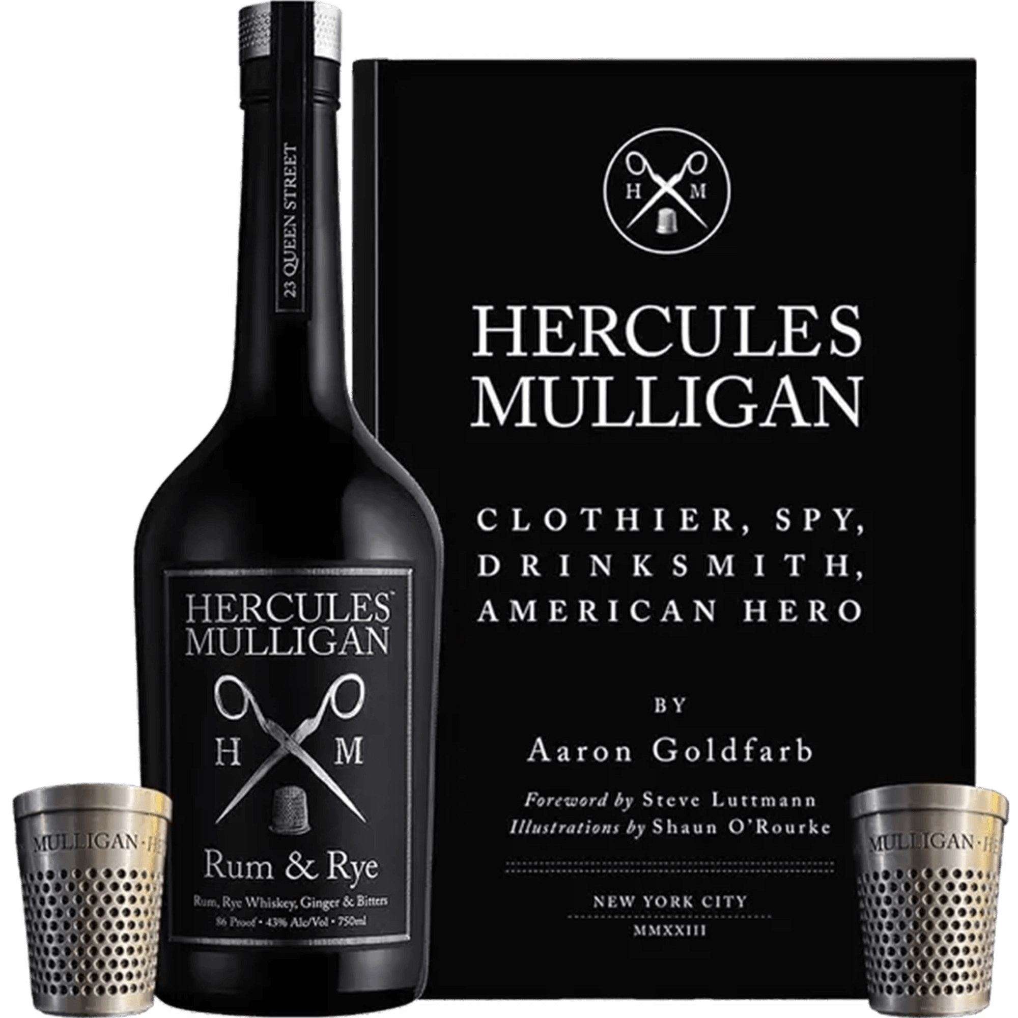 Hercules Mulligan Rum & Rye gift set with book, featuring a bottle and two metal thimbles.