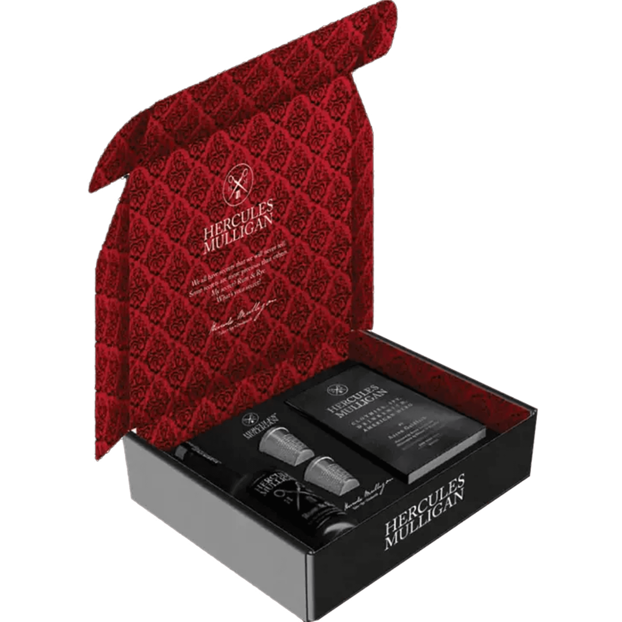 Hercules Mulligan Rum & Rye Limited Edition Gift Set featuring rum, rye, and metal thimbles in a stylish box.
