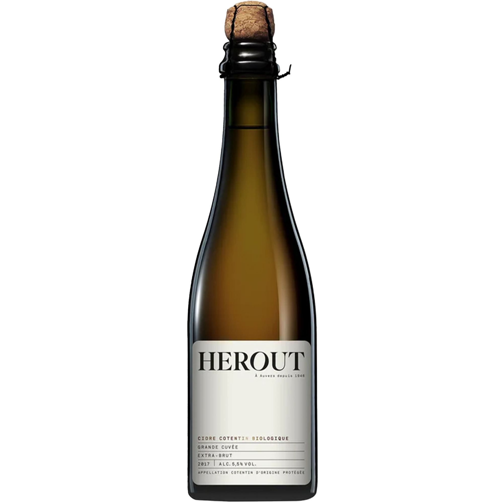 Herout Grande Cuvée Extra Brut 2020 organic cider bottle showcasing traditional Normandy craftsmanship.