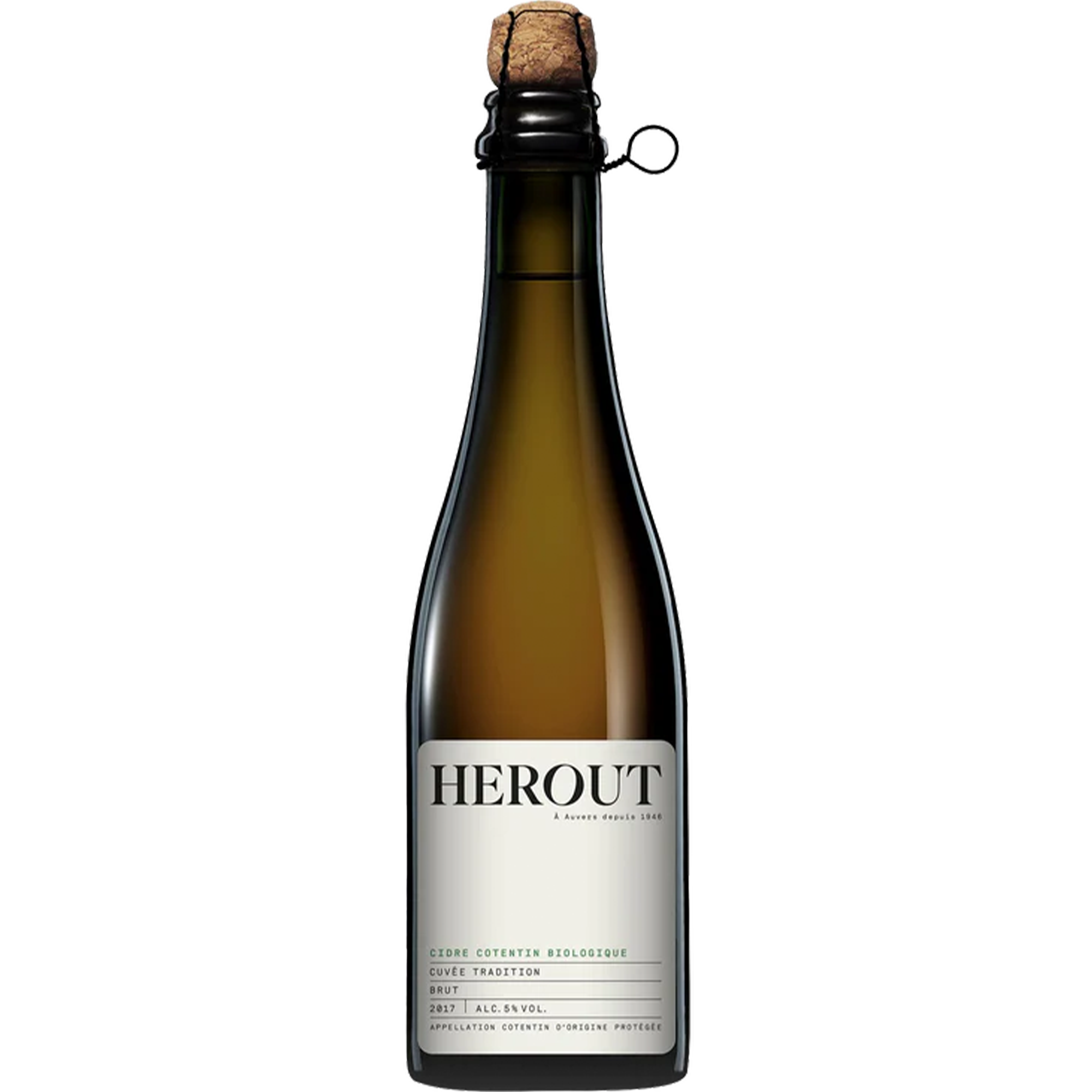 Herout Grande Cuvée Tradition Brut cider bottle 2020, organic French cider from Normandy with bright gold color.