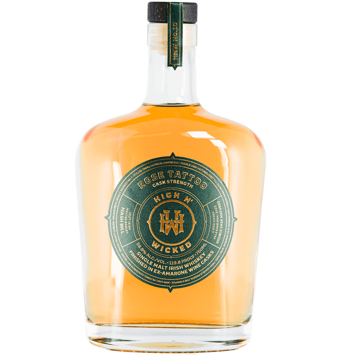 High N' Wicked No. 10 'Rose Tattoo' Irish Whiskey bottle, triple distilled, cask strength, non chill-filtered, 119.8 proof.
