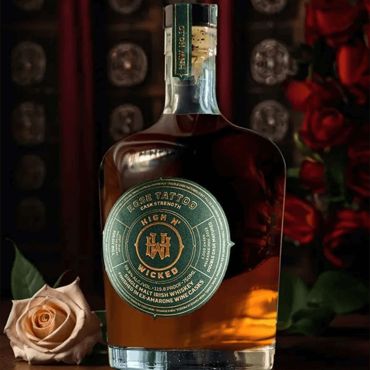 High N' Wicked No. 10 'Rose Tattoo' Irish Whiskey bottle, triple distilled, cask strength, finished in Ex-Amarone wine casks.