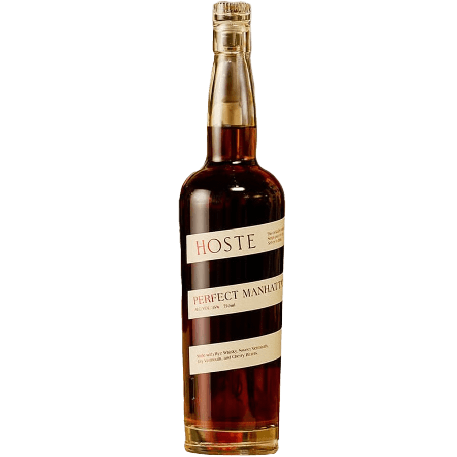 Hoste Perfect Manhattan Cocktail bottle featuring Single Grain Finish Rye Whisky and custom Vermouths with Cherry Bitters.