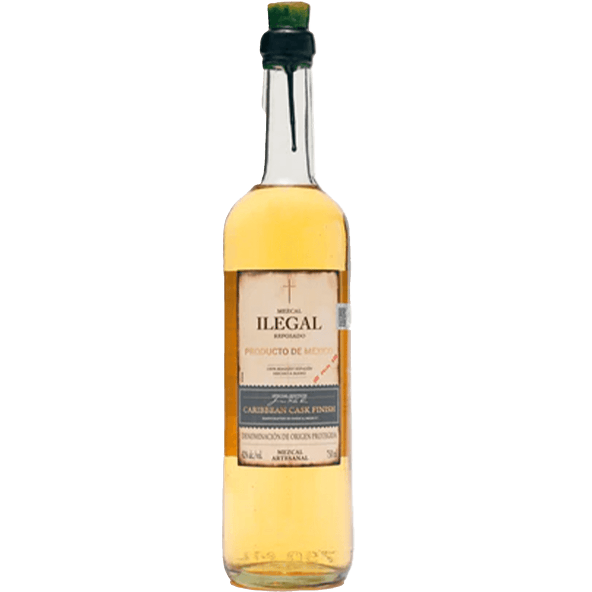 Ilegal Reposado Caribbean Cask Finish Mezcal bottle, showcasing its golden hue and elegant label design.