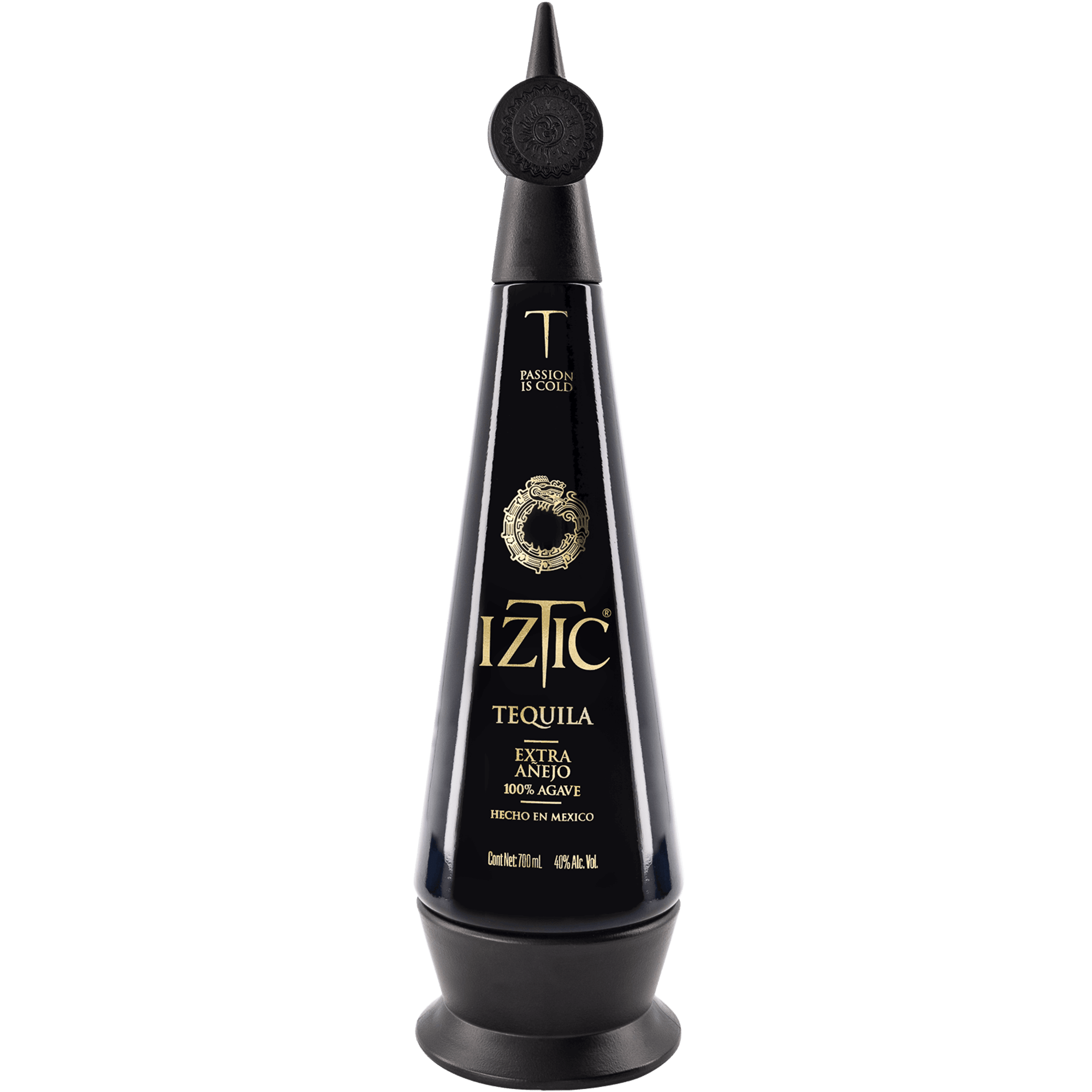 Iztic Extra Añejo Tequila bottle, dark amber color, elegant design, 700ml, showcasing its rich flavors and aromas.