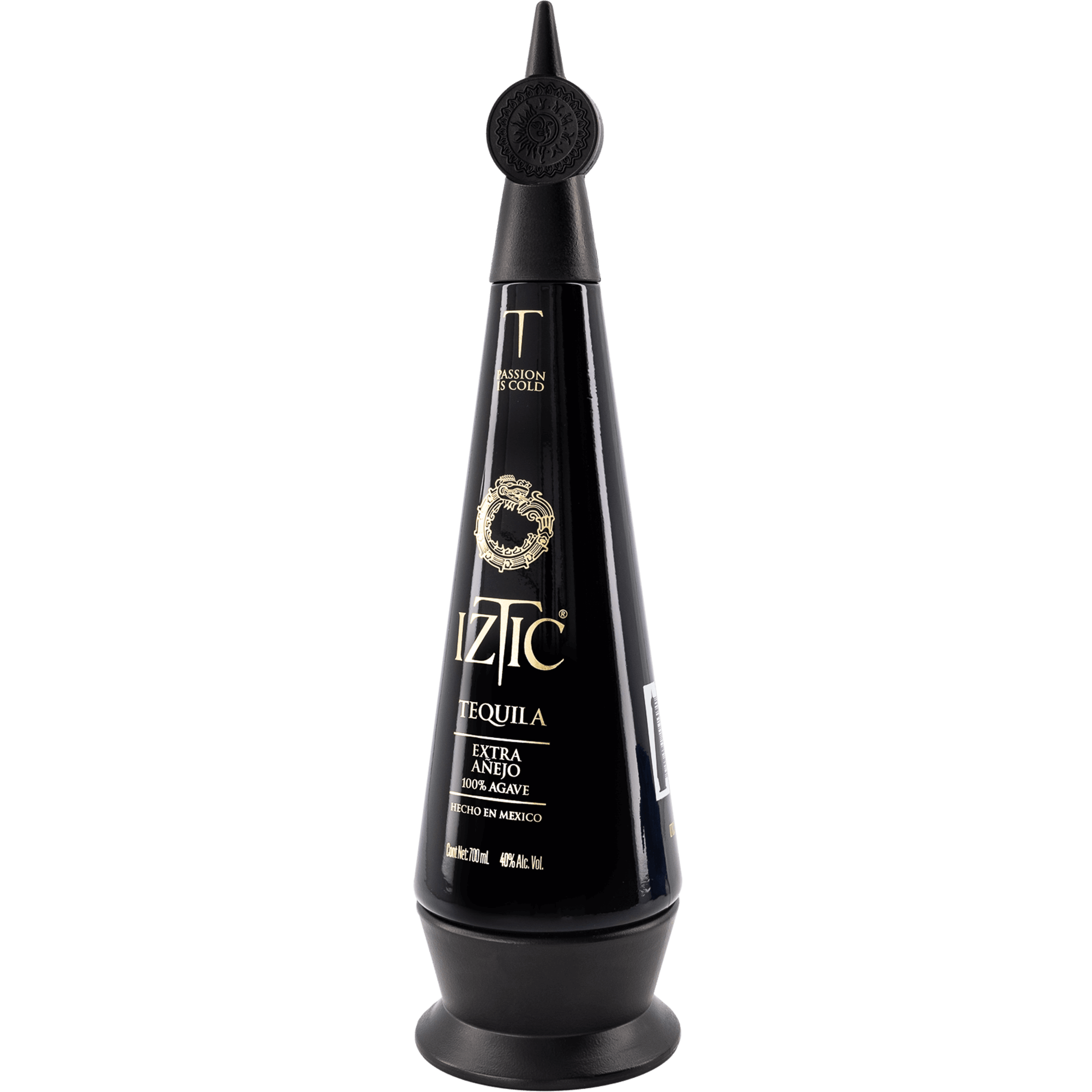 Iztic Extra Añejo Tequila 700ml bottle with unique obsidian spear cap, showcasing dark amber color and elegant design.