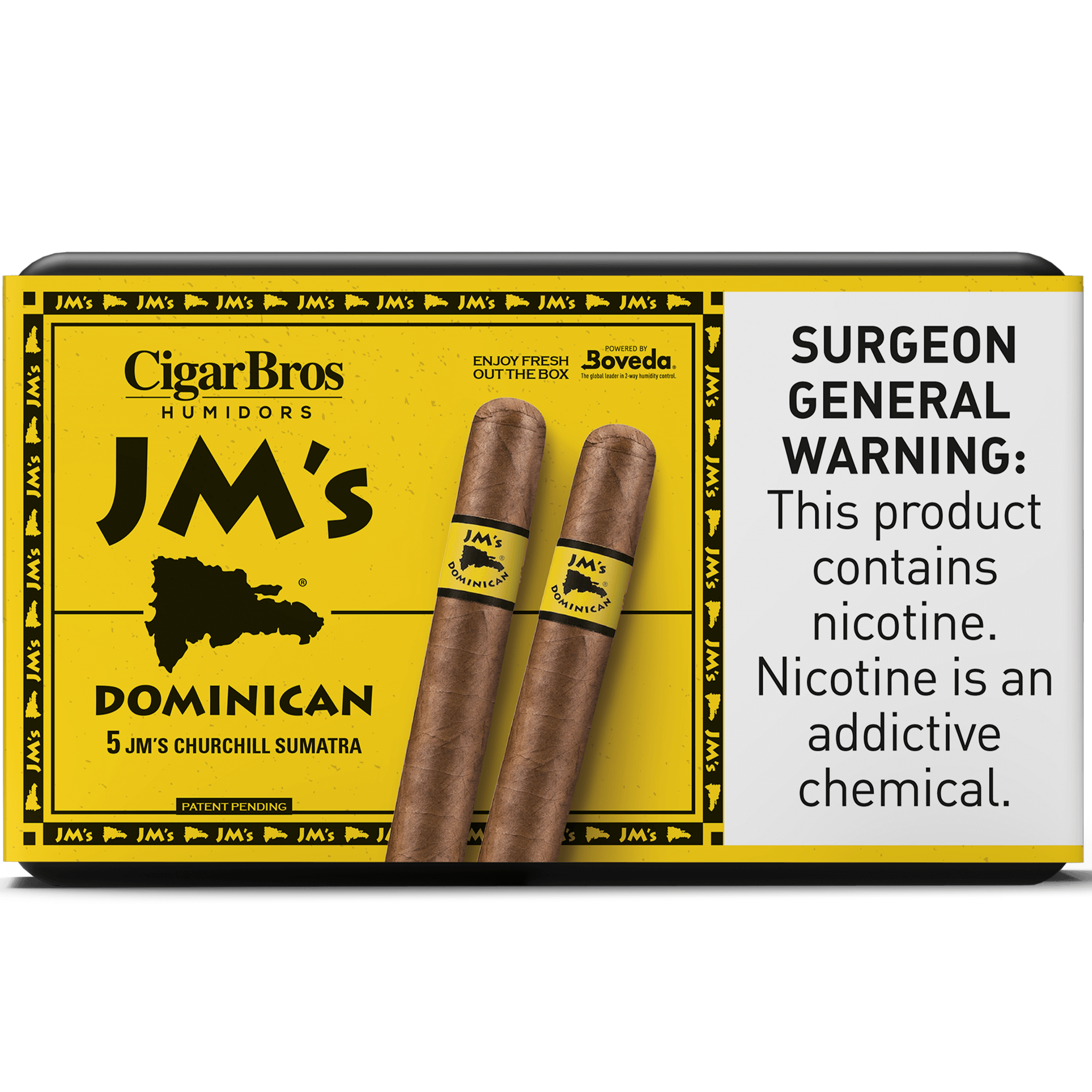 JM's Dominican cigars with 5 Churchill Sumatra in a robust packaging by CigarBros, highlighting craftsmanship and flavor.