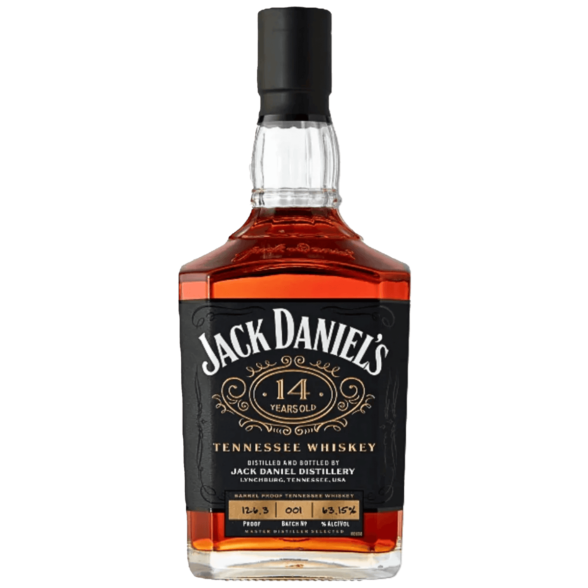 Jack Daniel's 14-Year Tennessee Whiskey 700ml bottle showcasing its rich amber color and aged label.