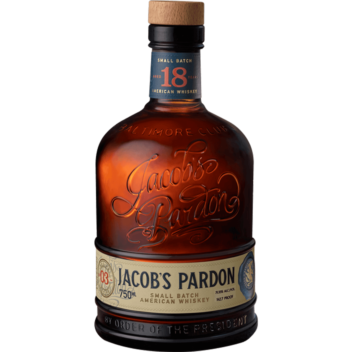 Jacob's Pardon Small Batch No 3 American Whiskey bottle, featuring classic label and amber glass design.