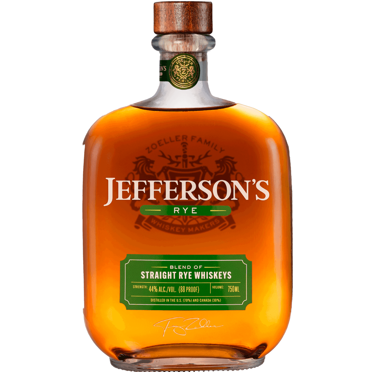 Jefferson's Rye Whiskey bottle showcasing rich amber color, branding, and details of 88 proof, 44% ABV rye blend.