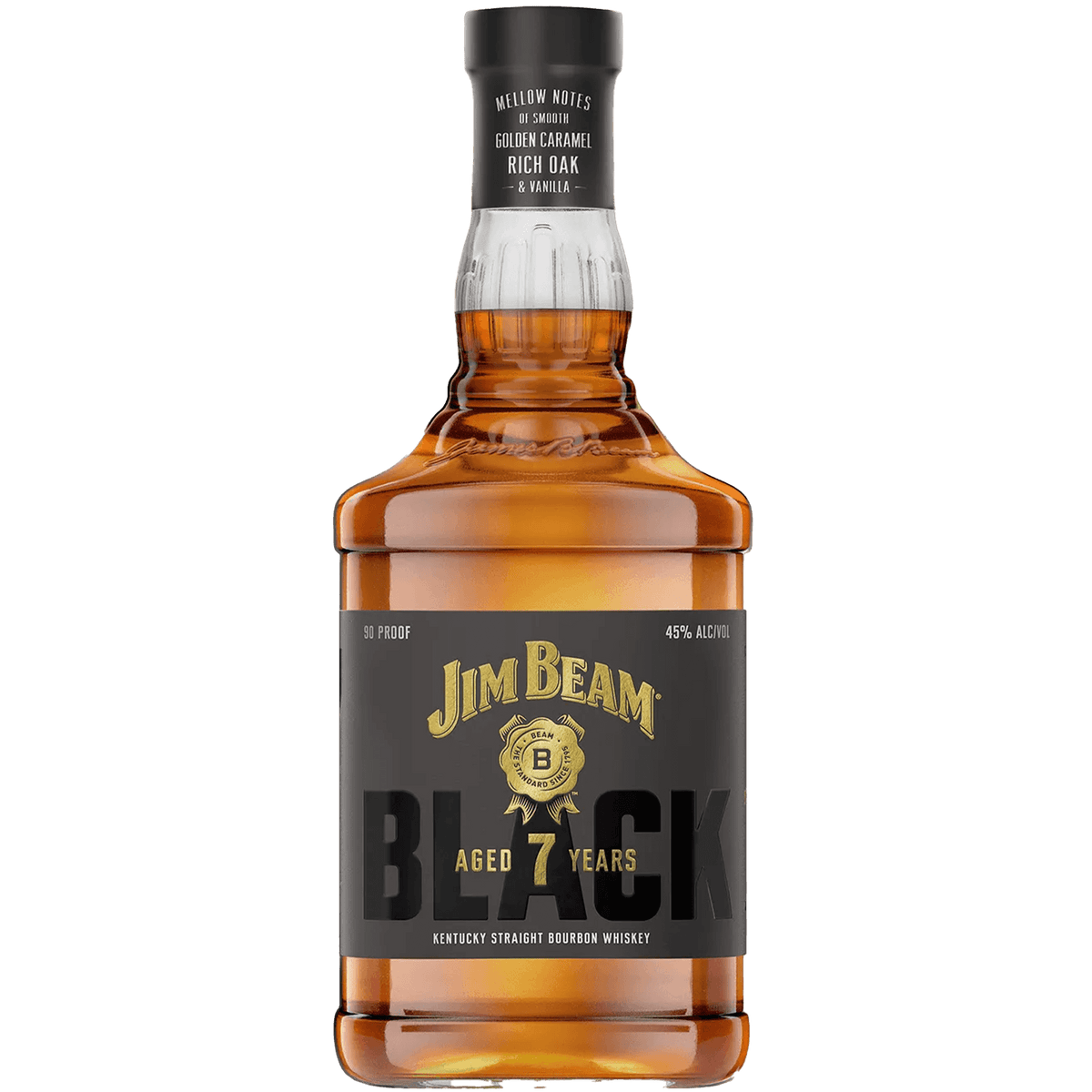 Jim Beam Black 7 Year Bourbon bottle showcasing rich caramel and oak flavors, aged for a smooth finish.