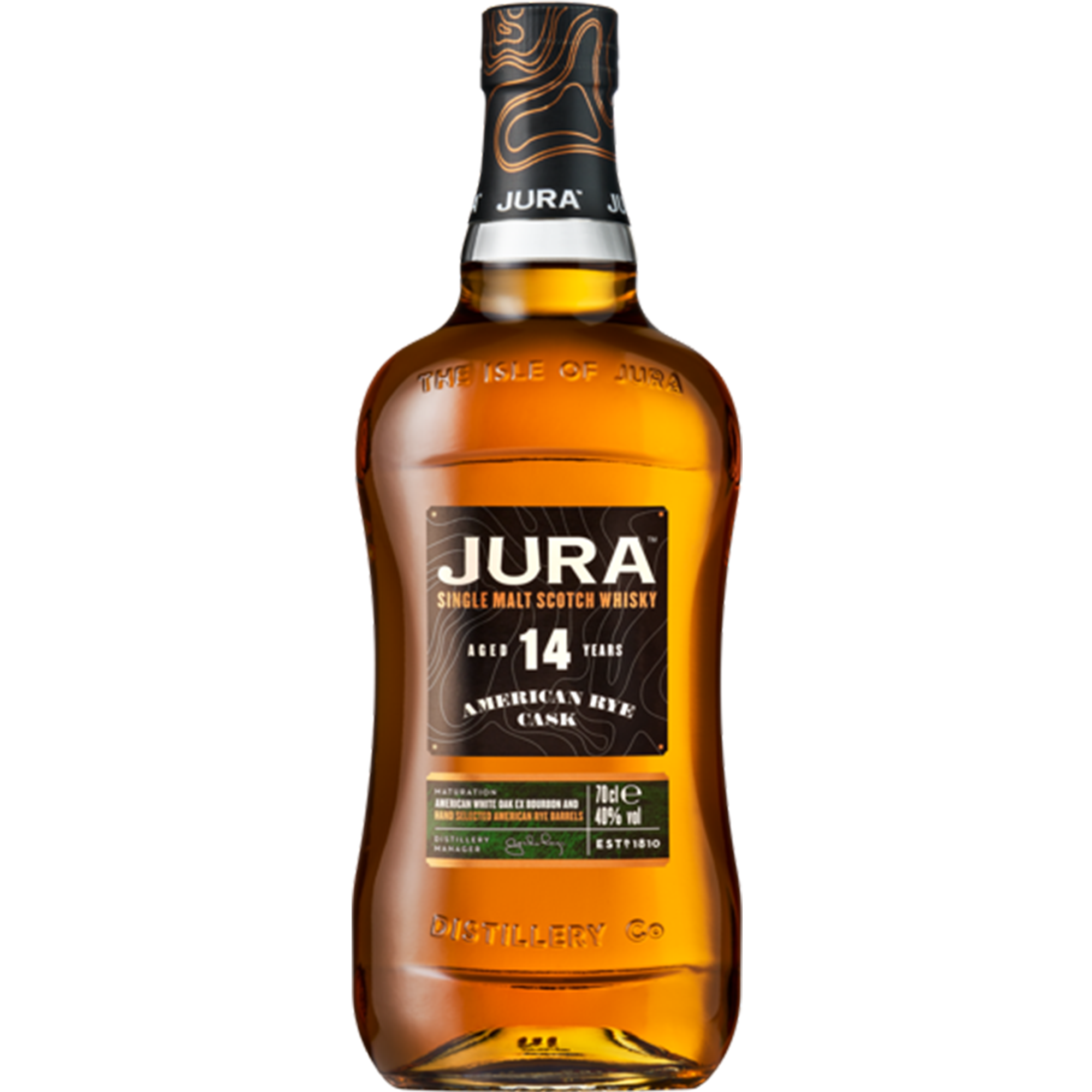 Jura 14 Year American Rye Cask single malt whisky bottle showcasing its rich amber color and distinctive label.