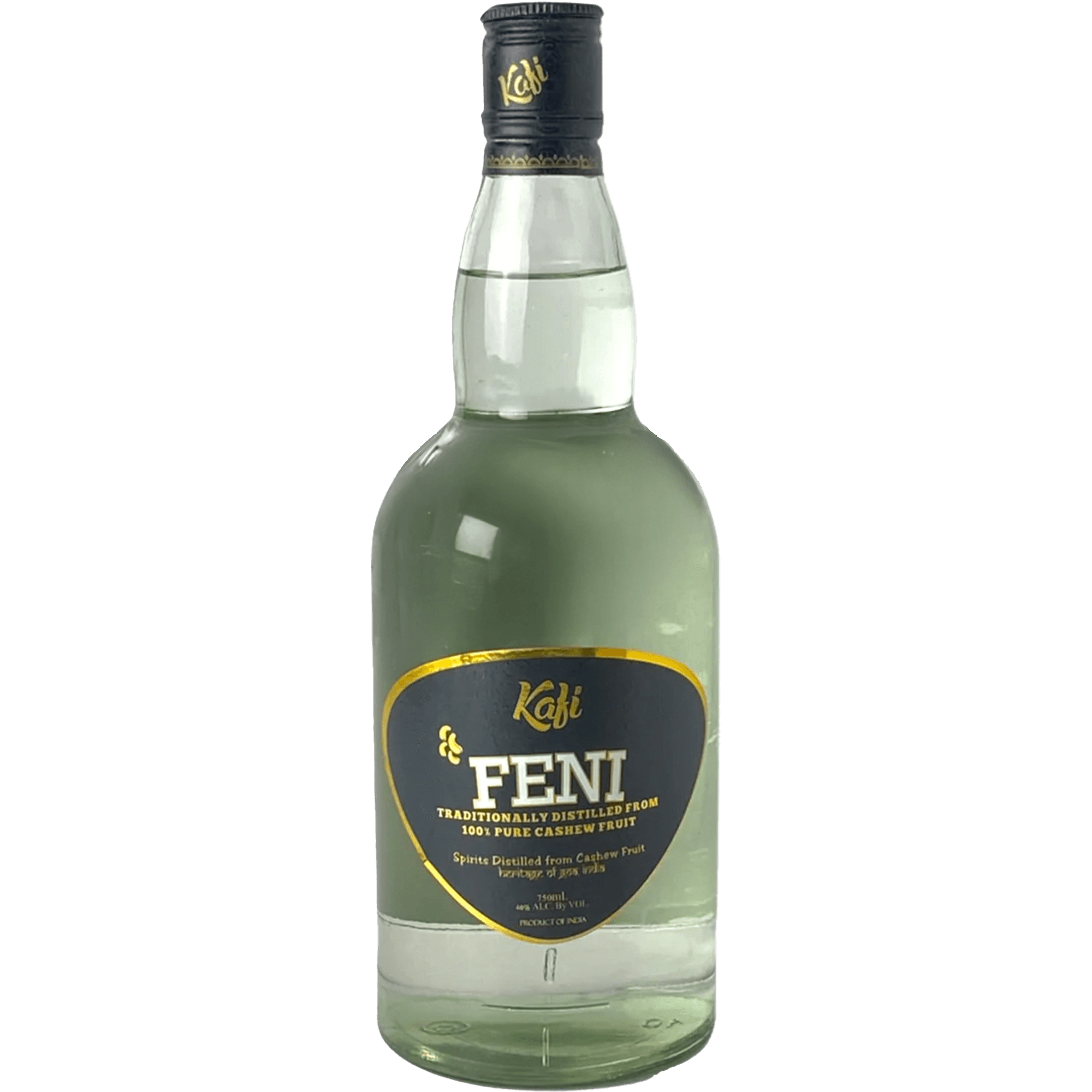 Kafi Cashew Feni Brandy bottle showcasing Goa's unique spirit, distilled from ripe cashew apples.