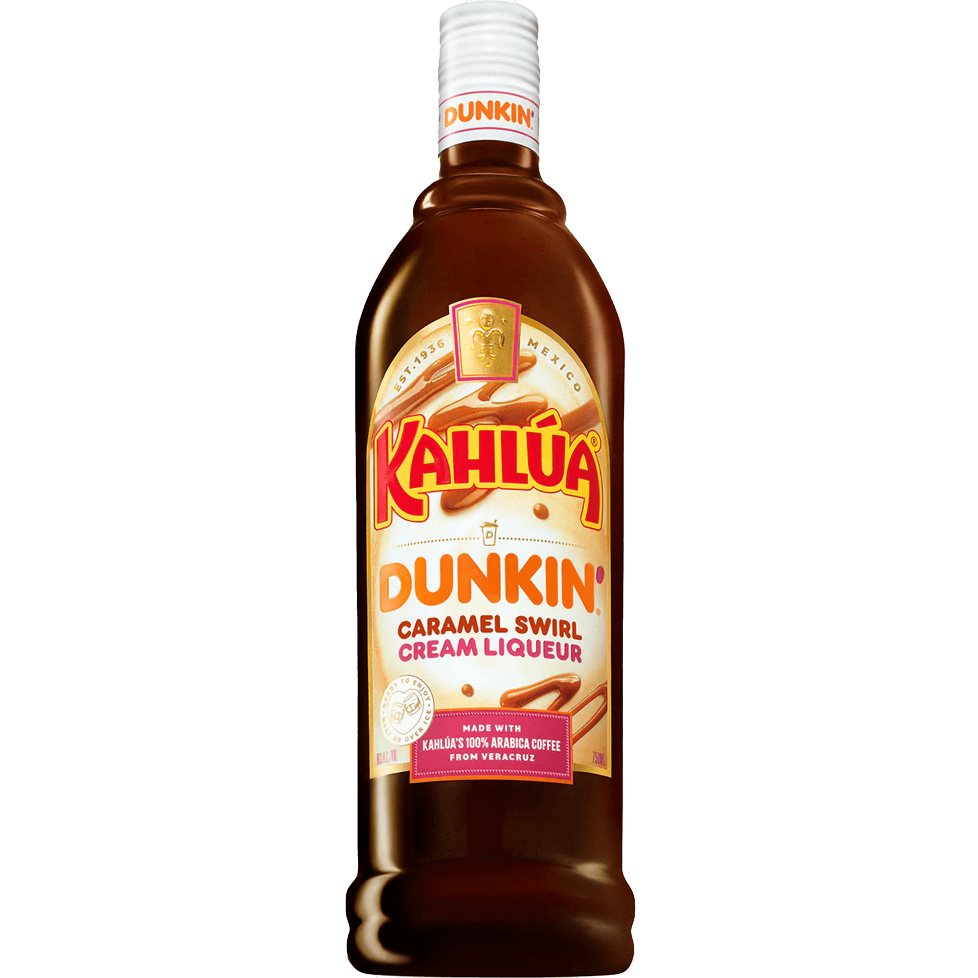 Bottle of Kahlúa Dunkin' Caramel Swirl Cream Liqueur, a blend of coffee liqueur and caramel flavor.