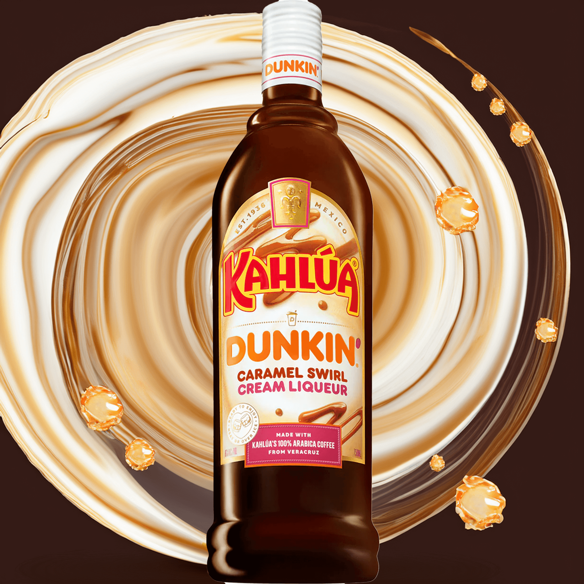 Kahlúa Dunkin' Caramel Swirl Cream Liqueur bottle with a swirling caramel background.