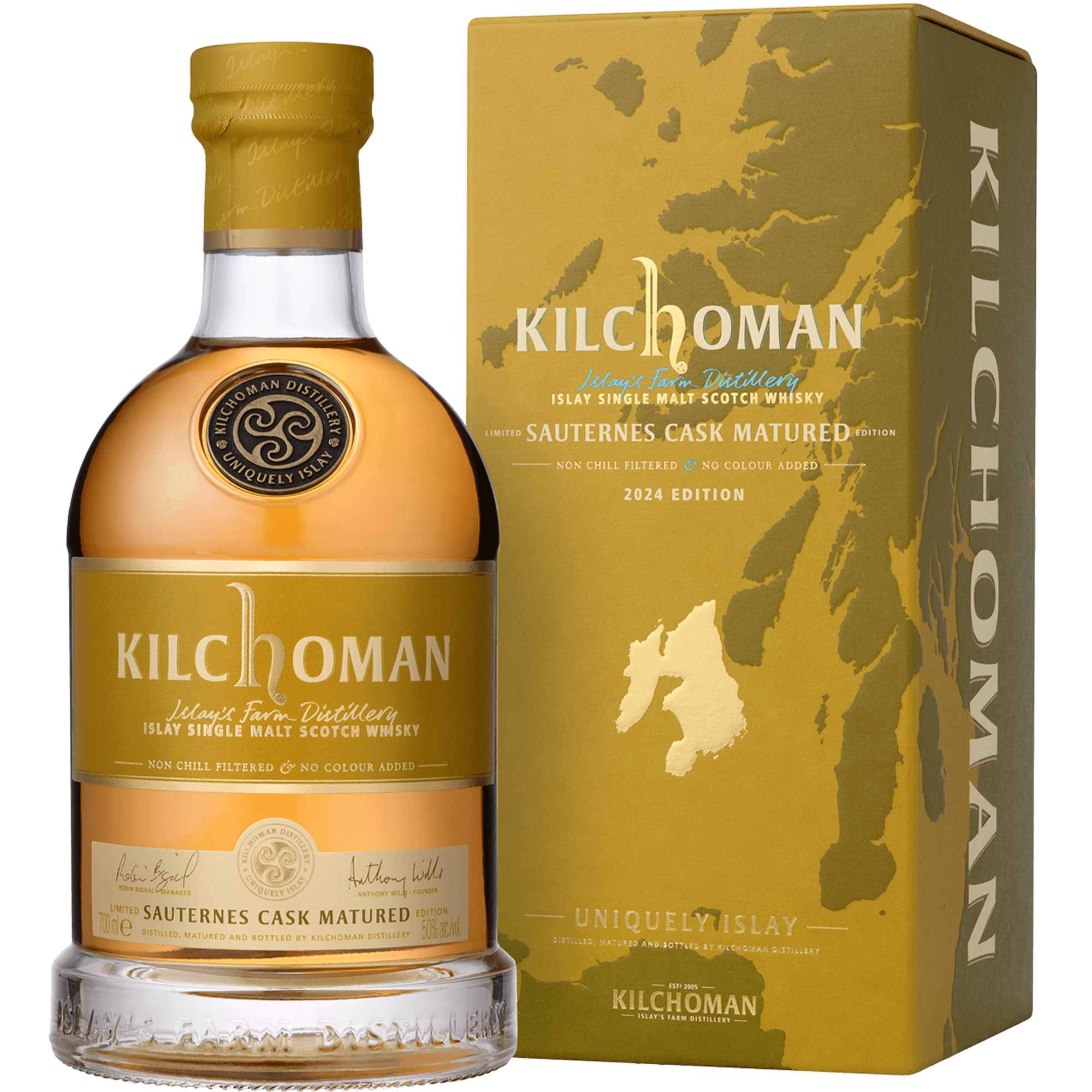 Kilchoman Sauternes Cask Matured 2024 Whisky bottle and packaging, highlighting unique flavors and premium quality.