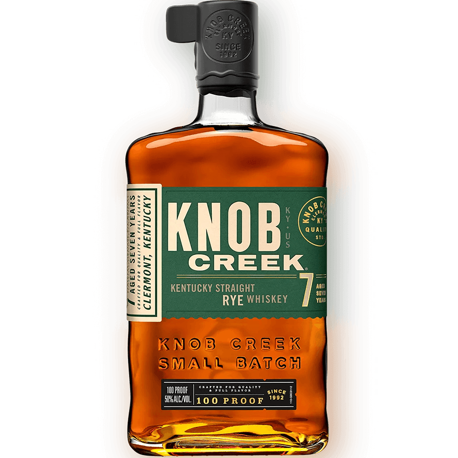 Knob Creek 7 Year Rye Whiskey bottle, aged for 7 years, 100 proof, showcasing rich flavor and premium quality.