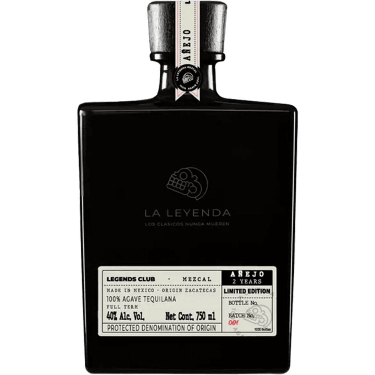 La Leyenda Mezcal Añejo bottle featuring bold design and label, crafted from 100% Espadín agave, 750ml.