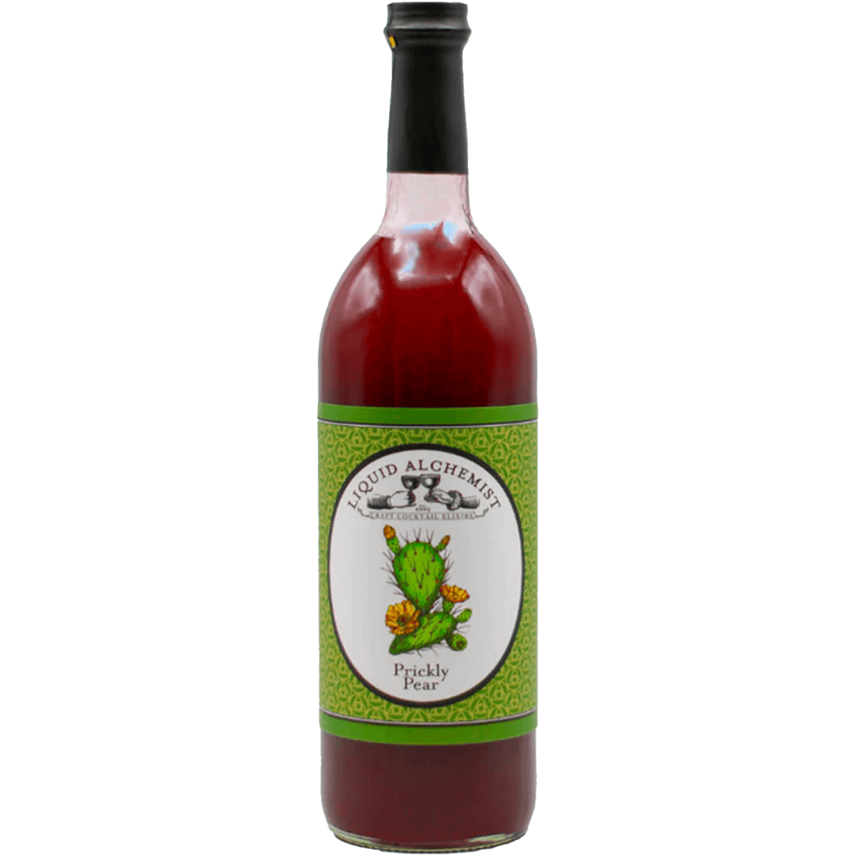 Liquid Alchemist Prickly Pear Syrup bottle showcasing vibrant color and unique label design.