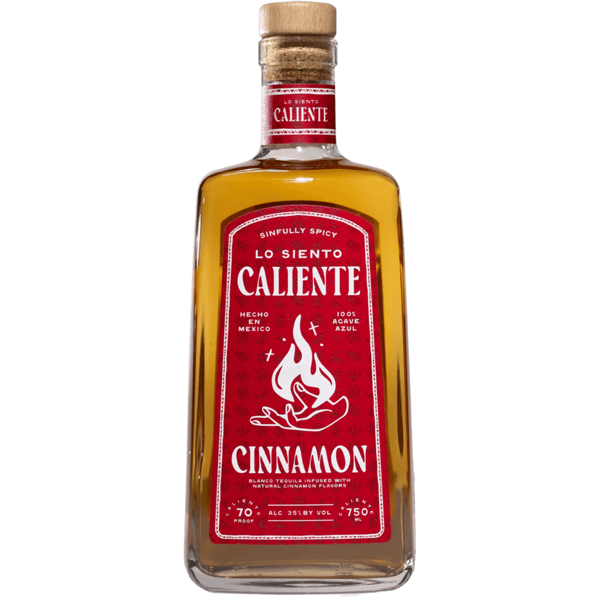 Lo Siento Caliente Cinnamon Tequila Liqueur bottle showcasing a bold design with a red label.