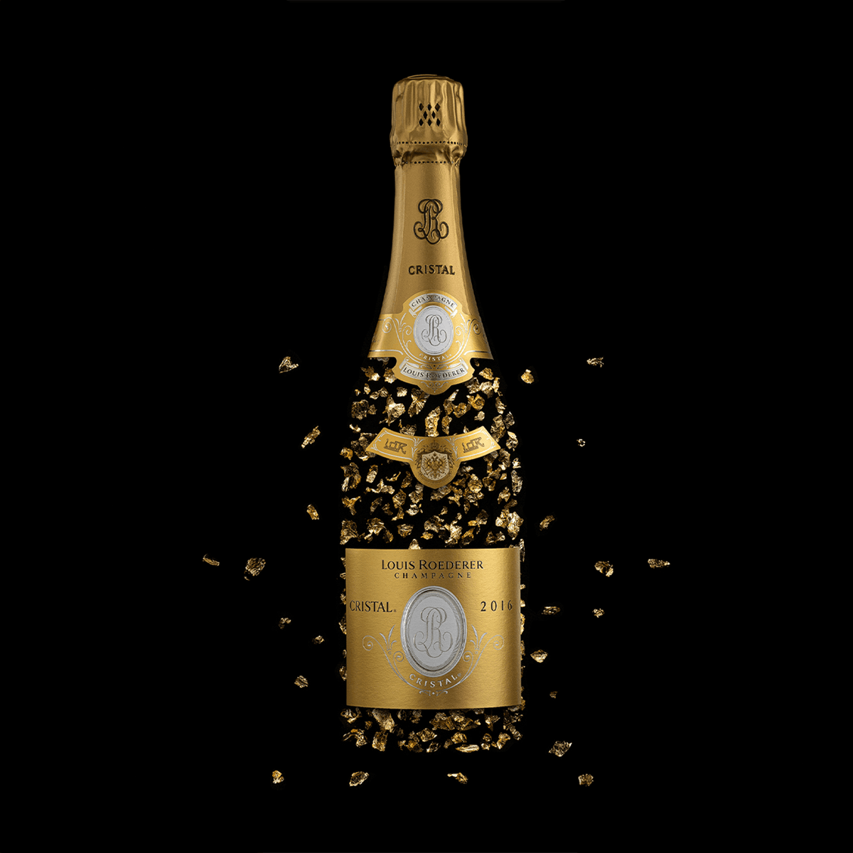Louis Roederer Cristal 2016 Champagne bottle surrounded by gold crystals on a black background.