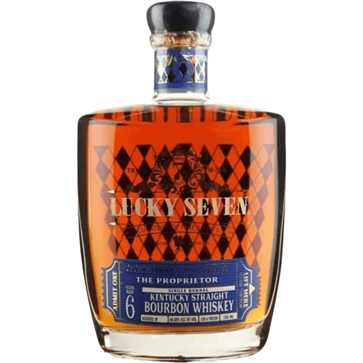 Lucky Seven The Proprietor Single Barrel 6 Year Bourbon whiskey bottle, showcasing rich amber color and elegant design.