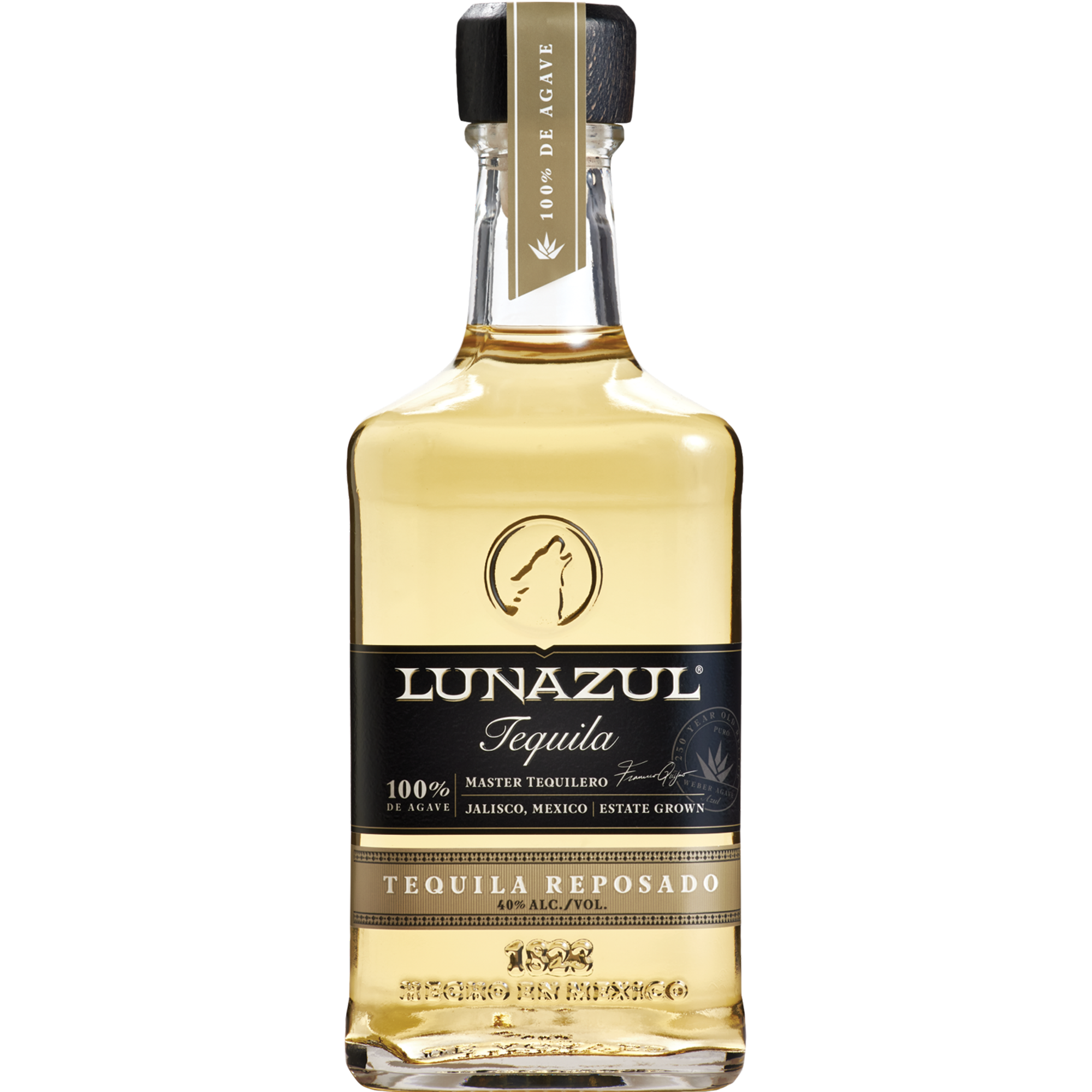 Lunazul Reposado Tequila bottle showcasing pale amber color and oak, vanilla, and agave notes.