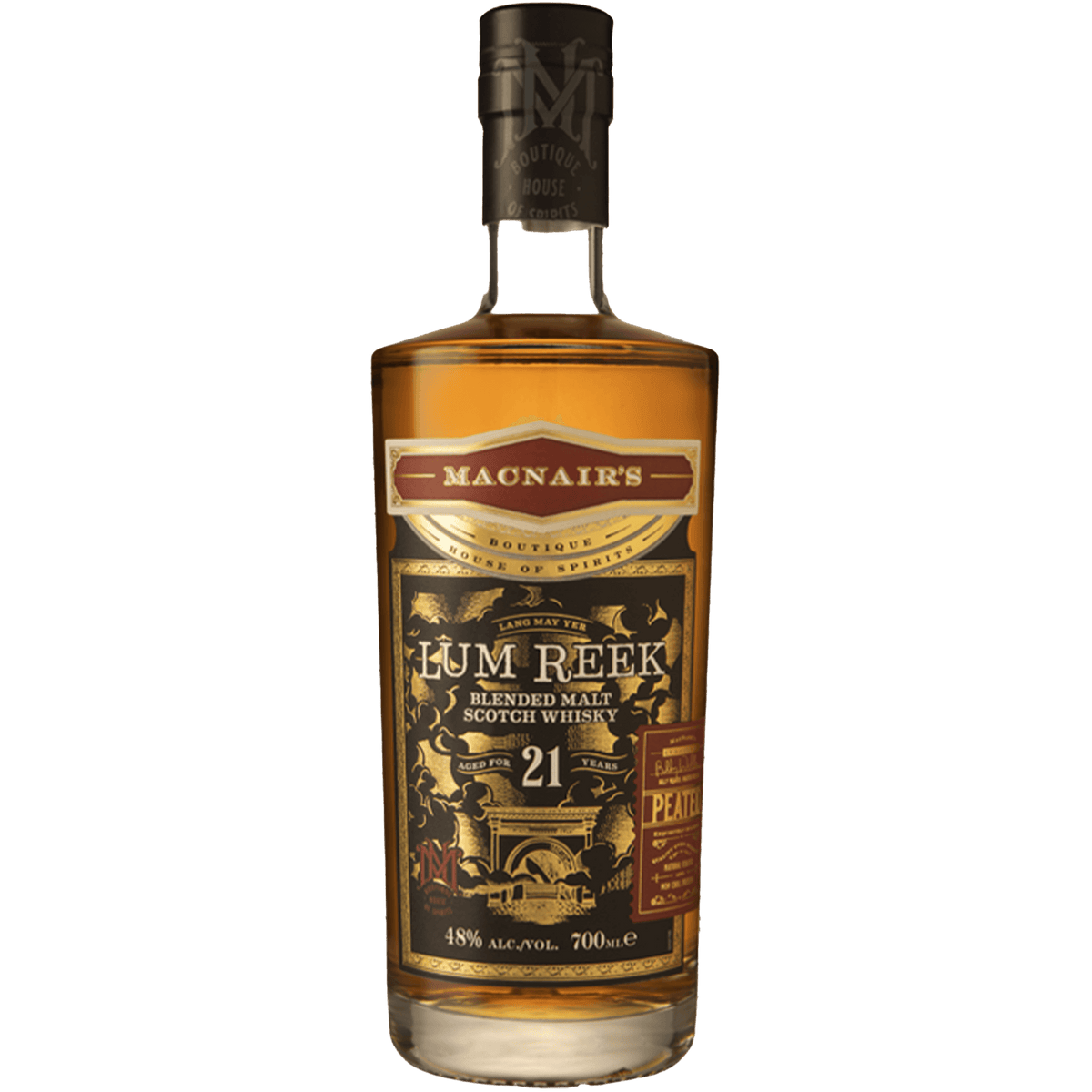 MacNair’s Lum Reek 21 Year Scotch Whisky bottle, showcasing blended malts from Islay and Speyside regions.