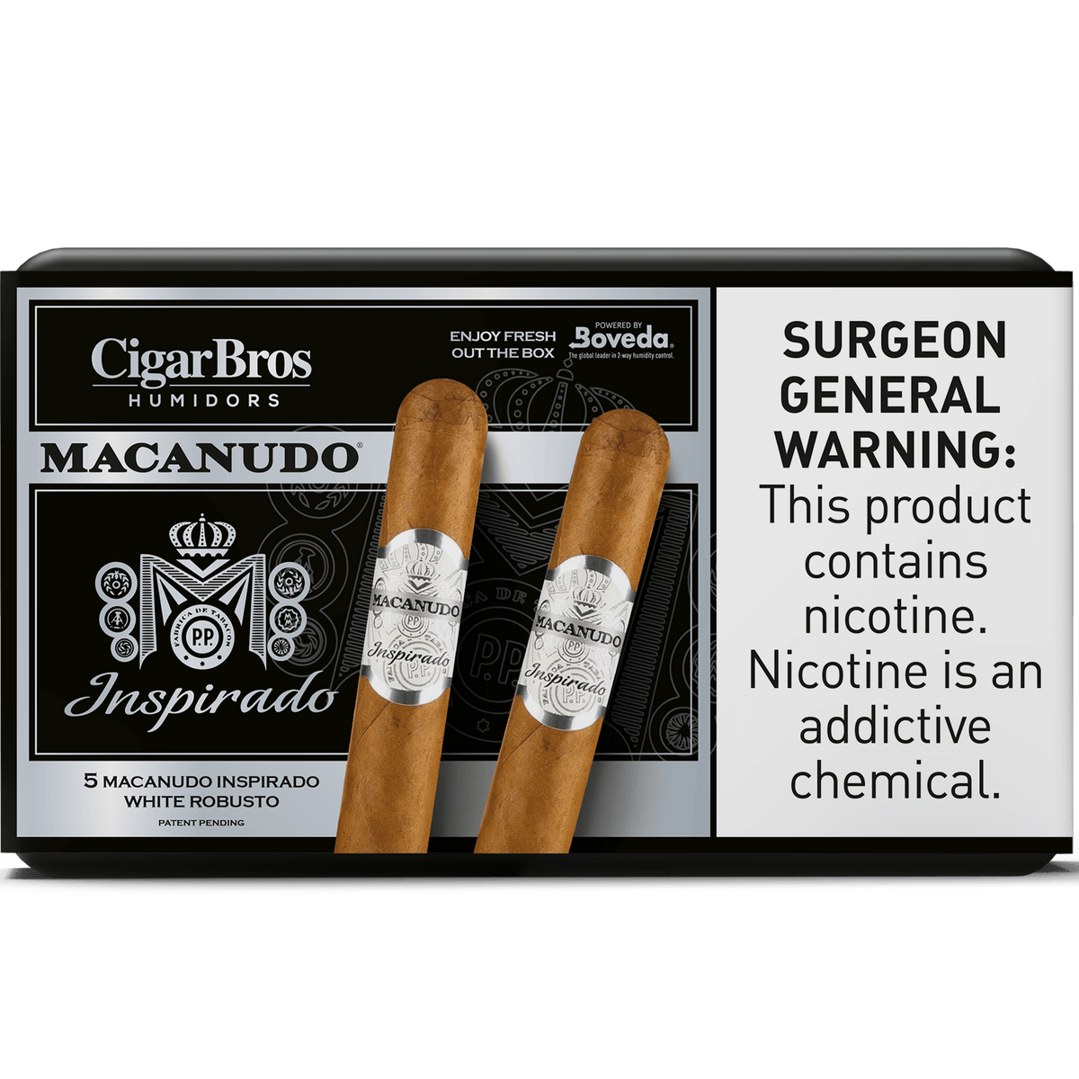 Macanudo Inspirado by CigarBros, featuring smooth White Robusto cigars in a stylish packaging with a nicotine warning.