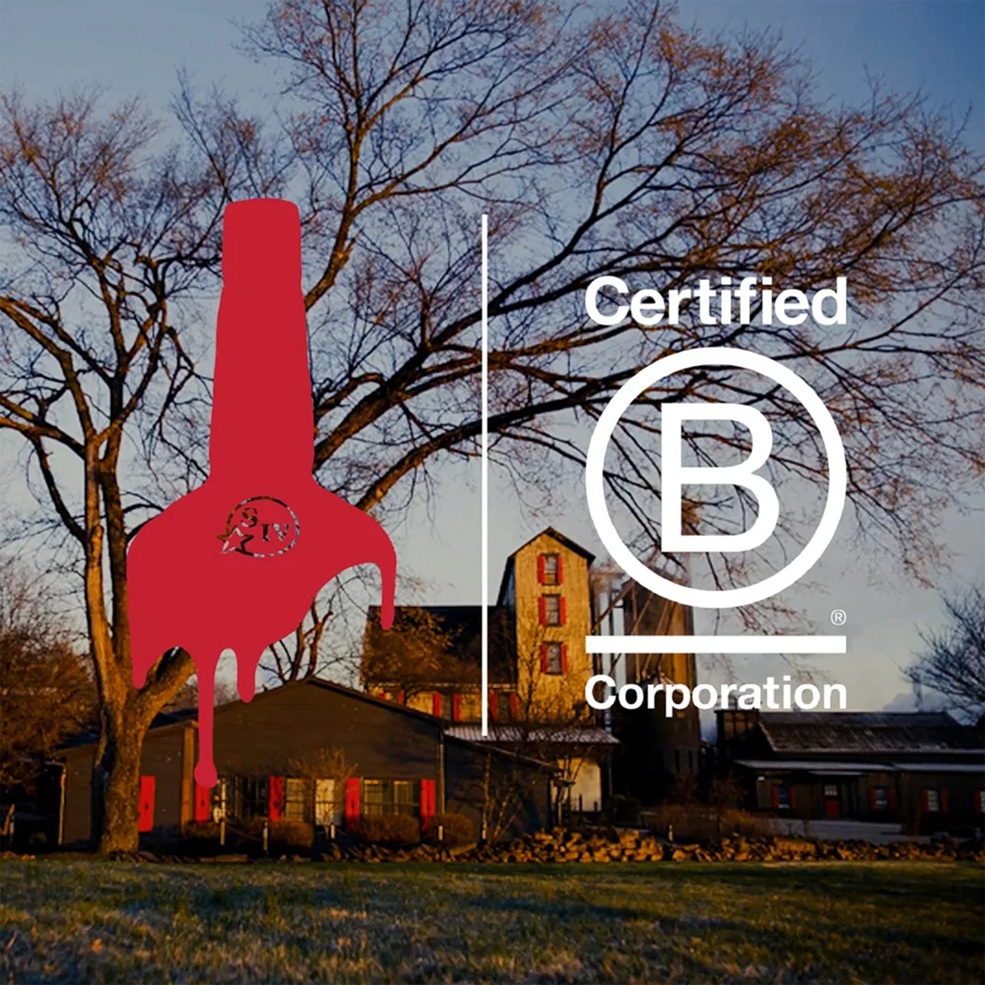 Maker's Mark logo and Certified B Corporation emblem in front of a distillery tree landscape.