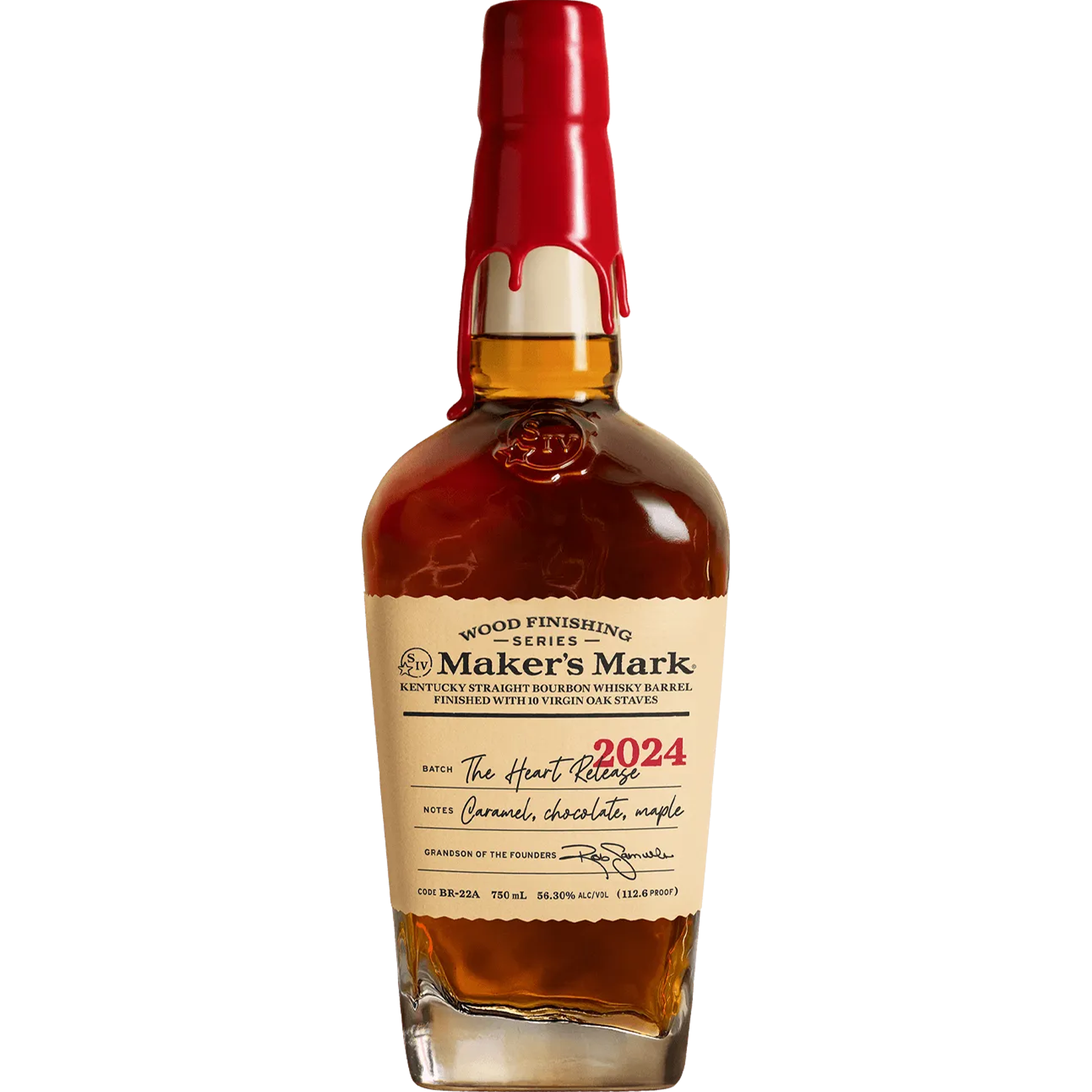 Bottle of Maker's Mark The Heart Release 2024 Bourbon with caramel, chocolate, and maple tasting notes.