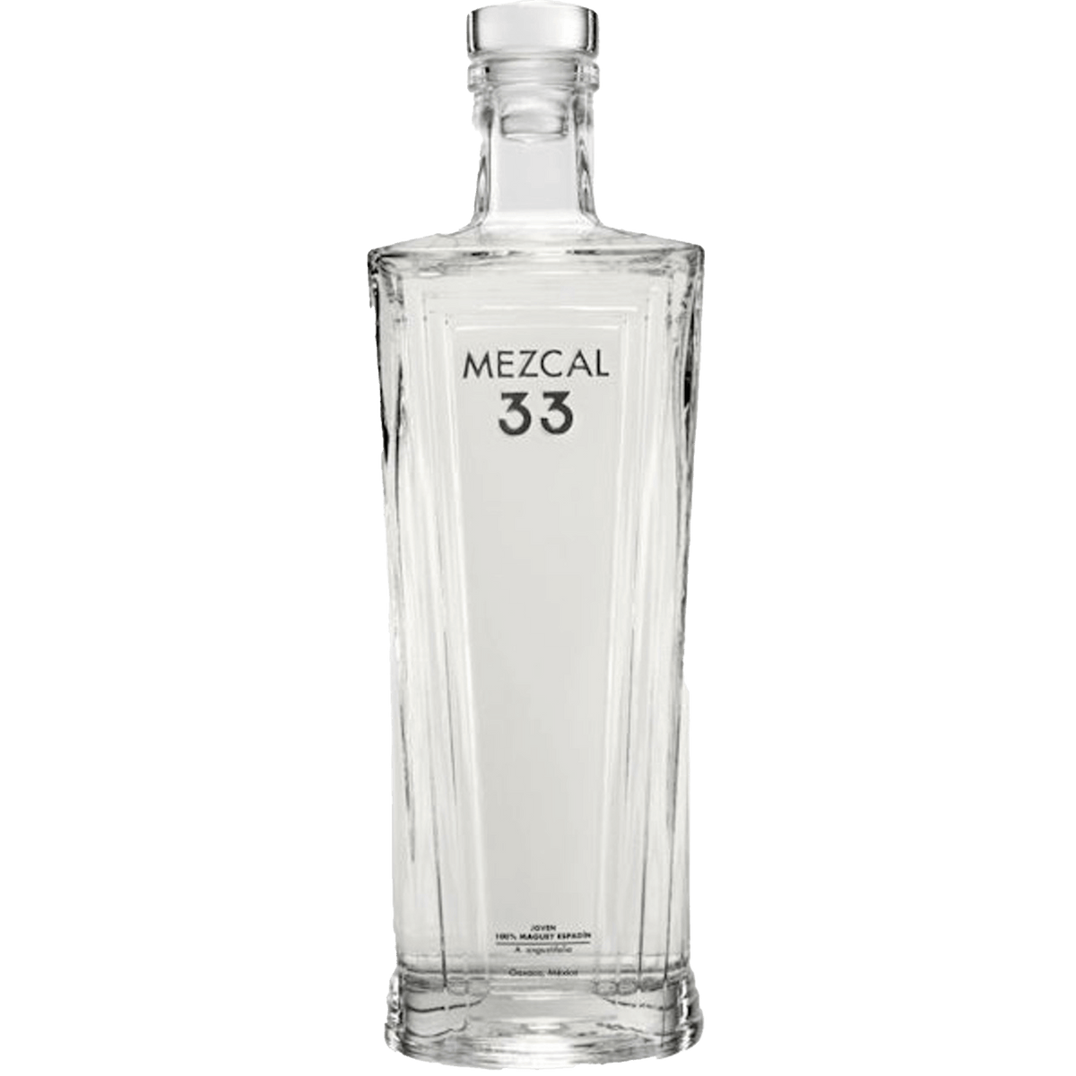 Bottle of Mezcal 33 Joven Espadin, showcasing premium transparent design and elegant label.