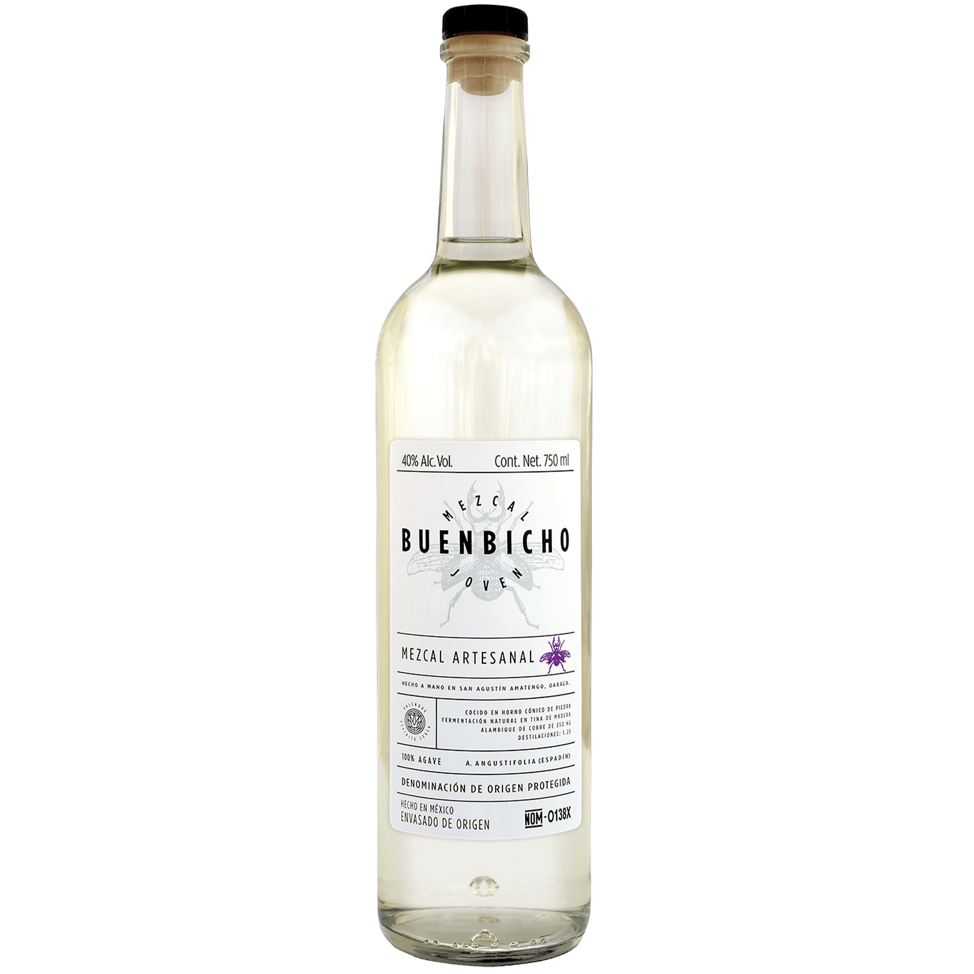 Bottle of Mezcal Buen Bicho Joven, an artisanal mezcal from Espíritu Corsa, showcasing its exquisite quality and craftsmanship.