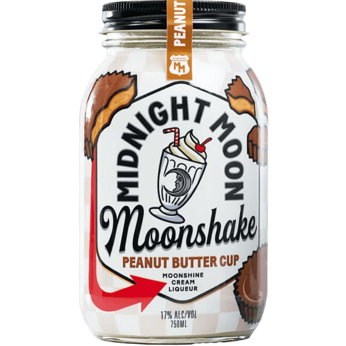 Midnight Moon Peanut Butter Cup Moonshake cream liqueur in a jar with a peanut butter cup design.