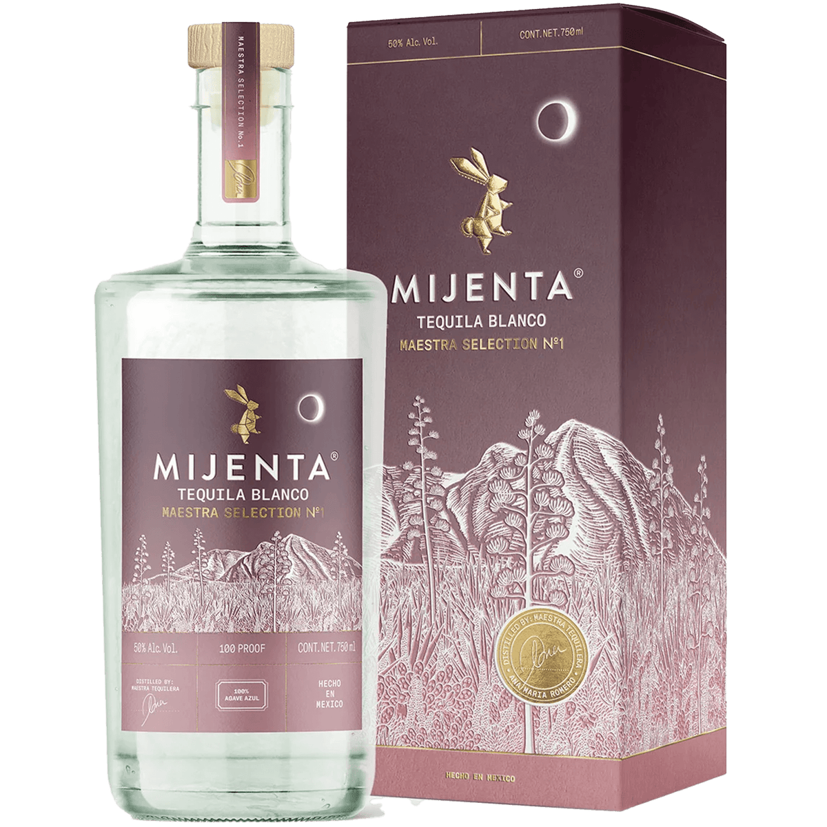Mijenta Maestra Selection No 1 Blanco Tequila bottle and box featuring agave and moon design.
