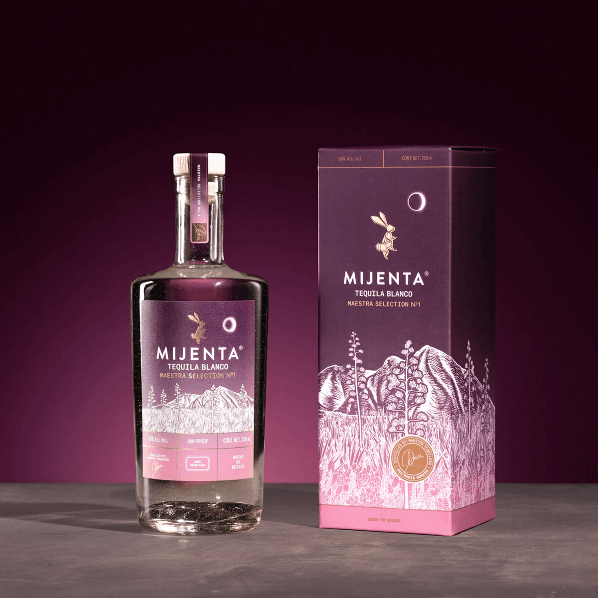 Mijenta Maestra Selection No 1 Blanco Tequila bottle with elegant packaging on a dark background.
