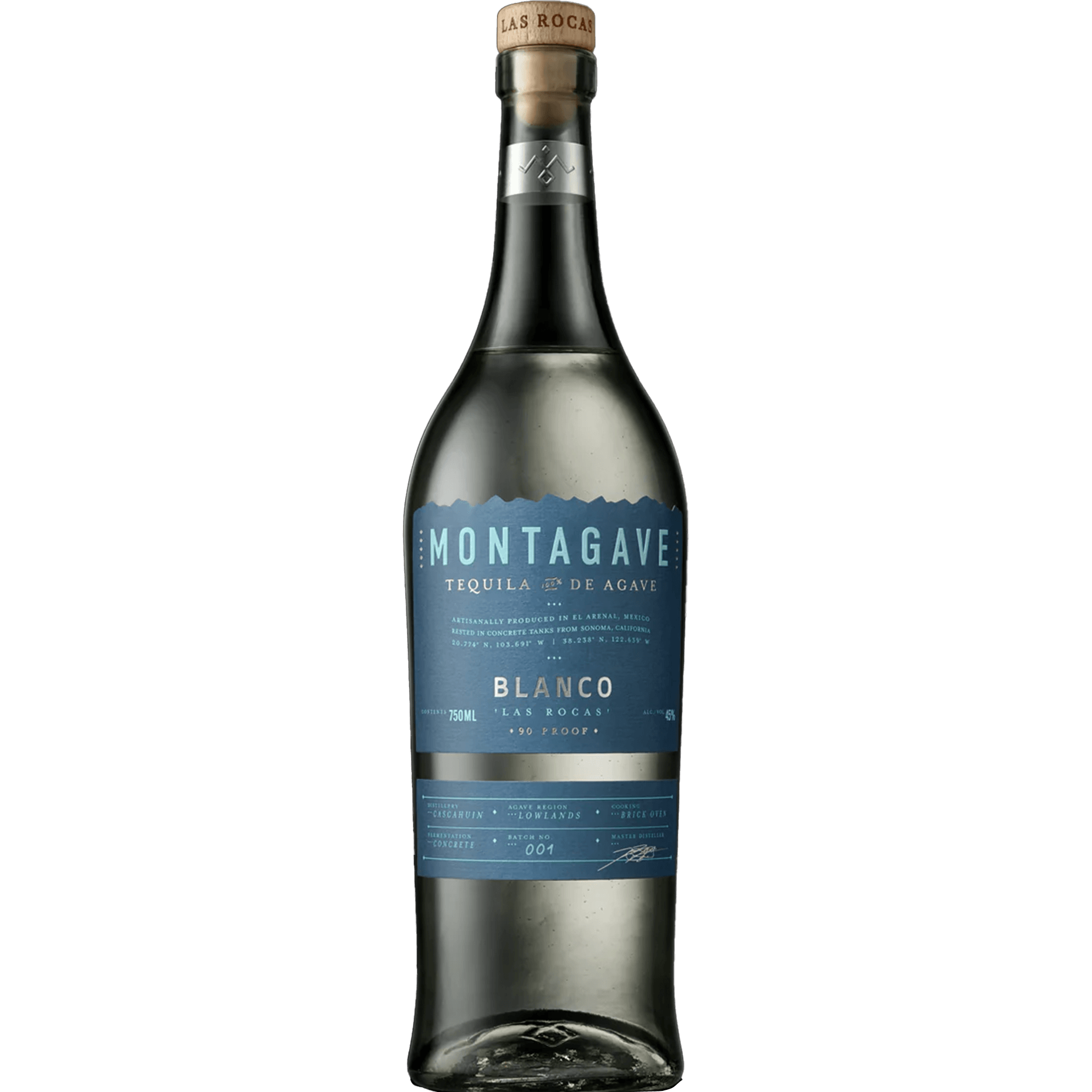 Montagave Las Rocas Blanco Tequila bottle showcasing elegant label and glass design, emphasizing premium quality.