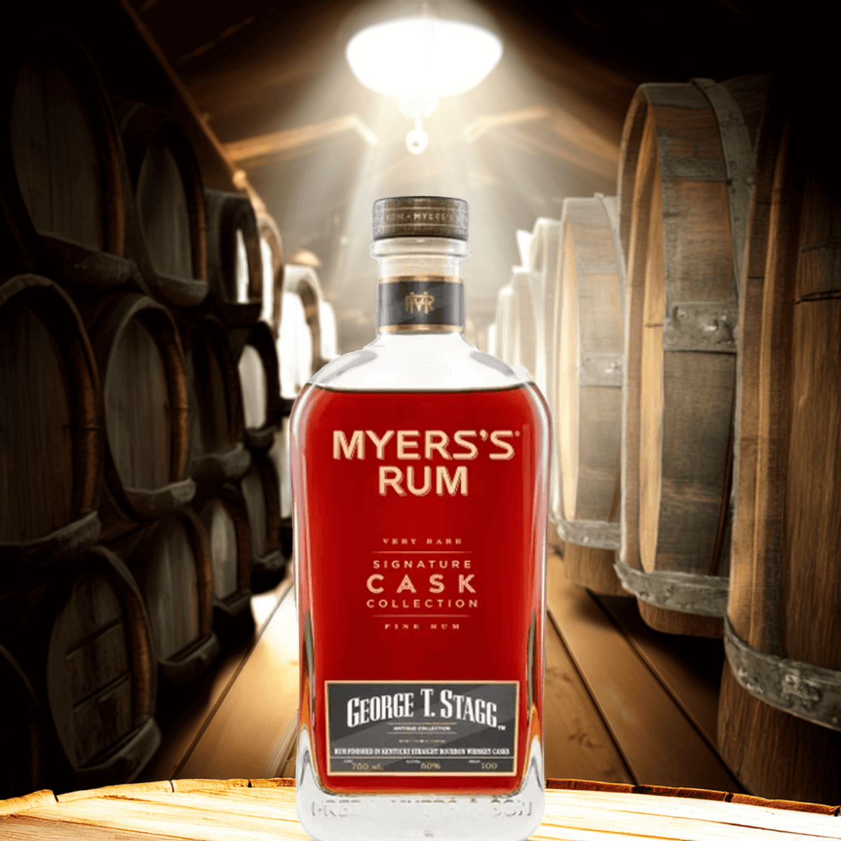 Myers's Rum Signature Cask Collection finished in George T. Stagg barrels, showcasing rich Jamaican rum craftsmanship.