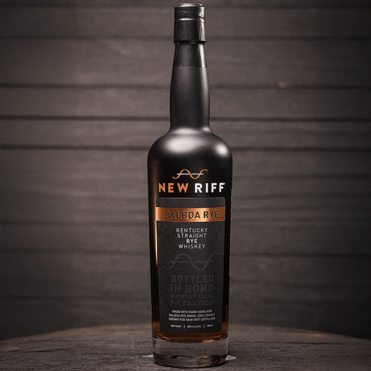 New Riff Balboa Rye Whiskey bottle with distinctive black and gold label, showcasing specialty rye whiskey.