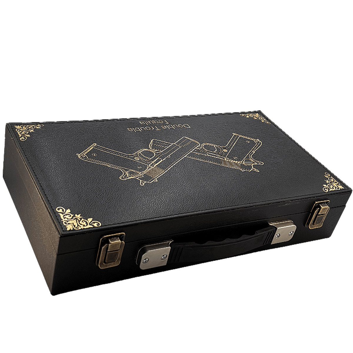 Stylish black pistol case featuring gold accents and design, perfect for securely storing firearms.