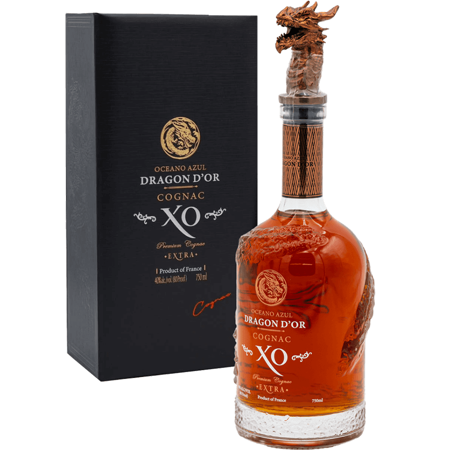 Oceano Azul Dragon D'or Cognac XO bottle with premium packaging and dragon stopper, showcasing fine craftsmanship.