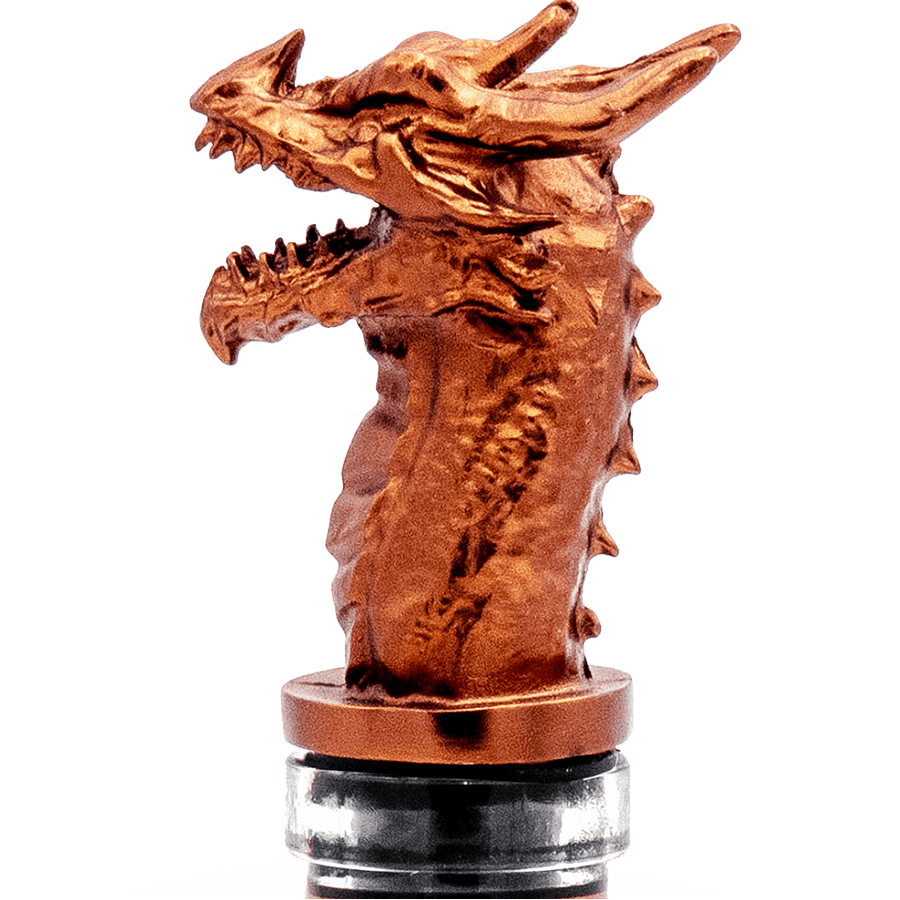 Copper dragon bottle stopper for Oceano Azul Dragon D'or Cognac XO, featuring intricate detailing and a fierce design.