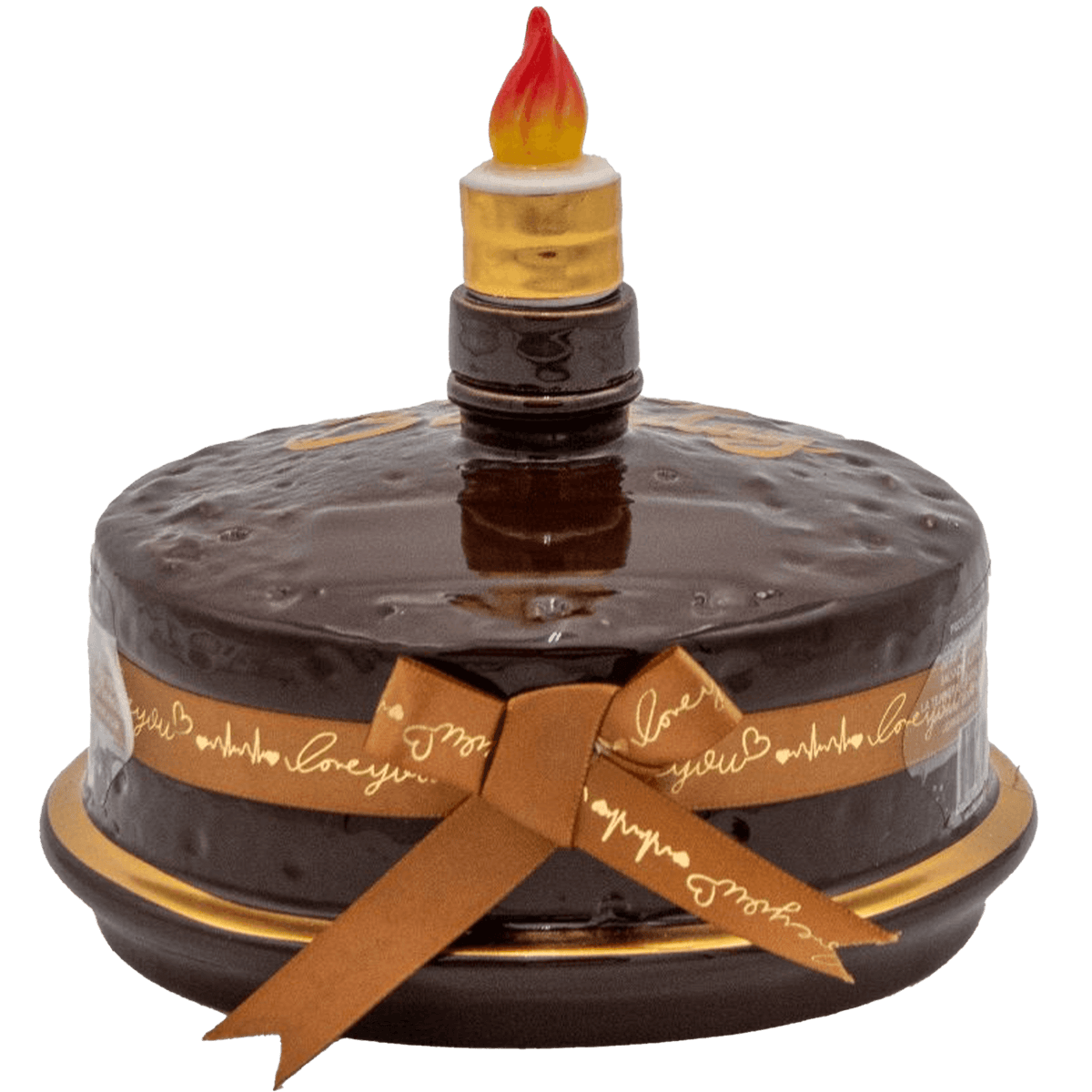 Oceano Azul Round Chocolate La Cake Añejo Tequila in ceramic cake-shaped bottle.